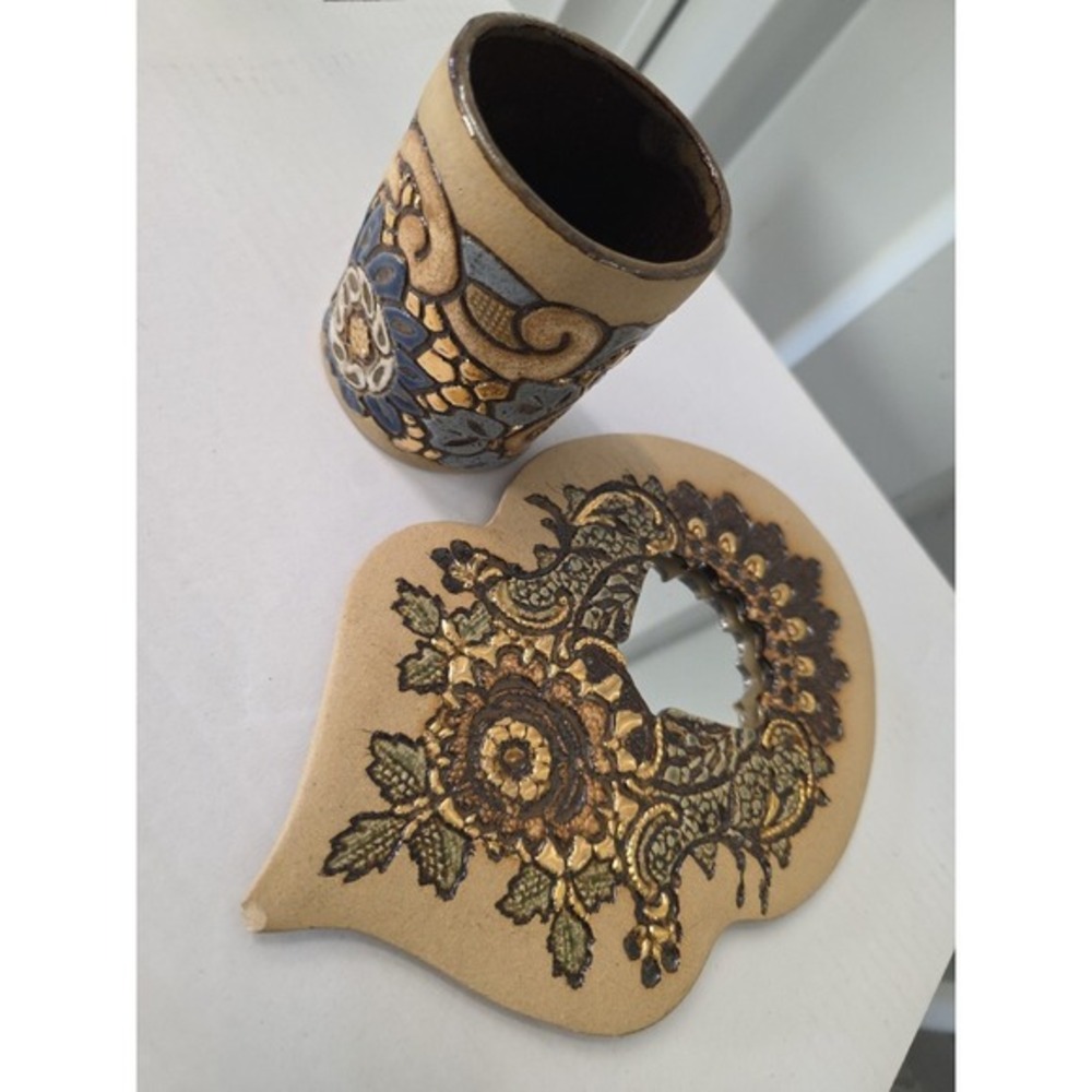 Vintage Wedge Pottery Signed Ceramic Mandala Mug Hand painted 1982 Mug And Mirro